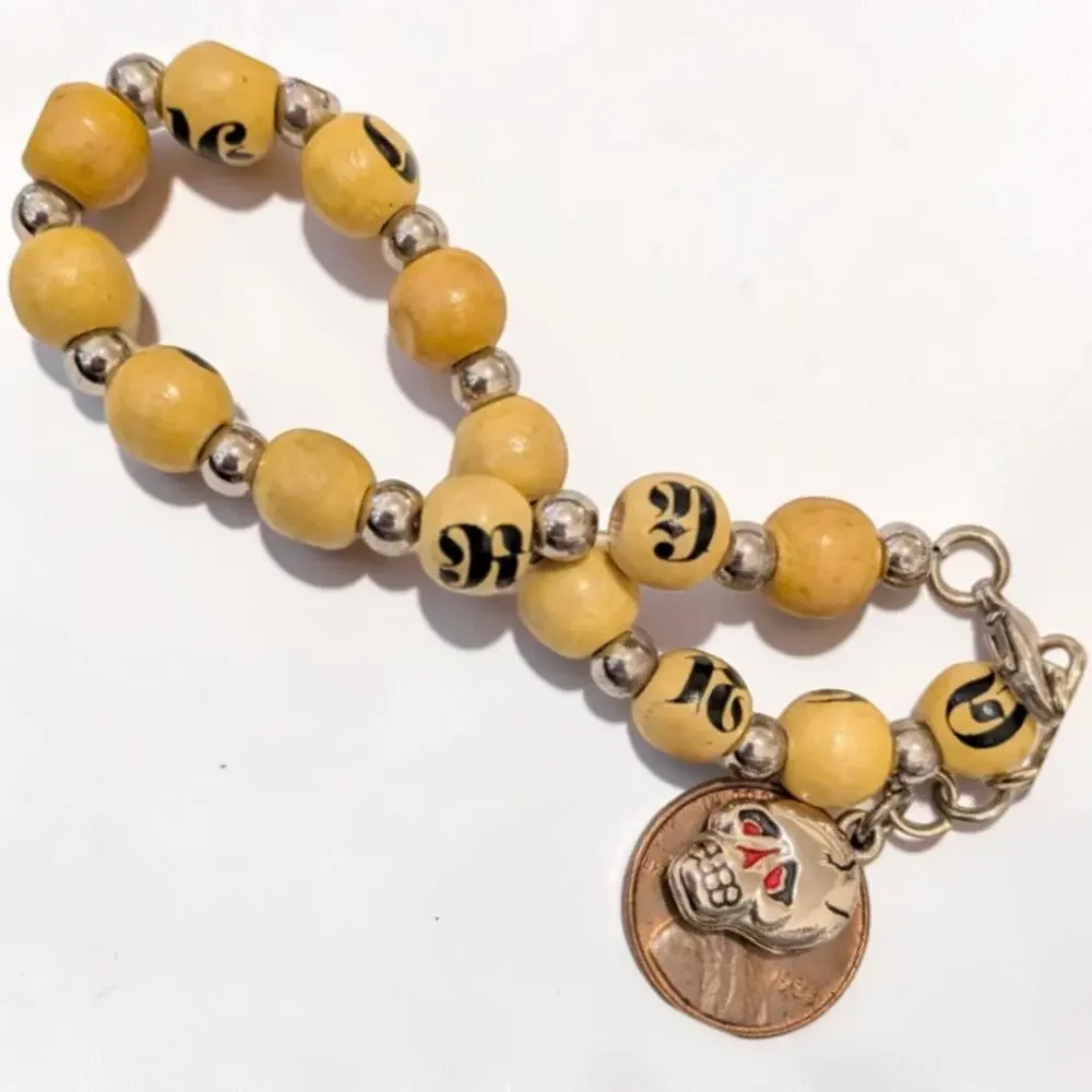 Vintage Ed Hardy Death Or Glory Skull Charm Wood Bead Bracelet Y2K Biker Punk